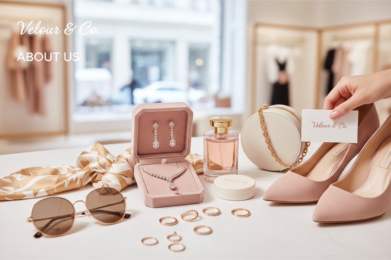 Jewelry and accessories on a table with 'Velour & Co' branding.